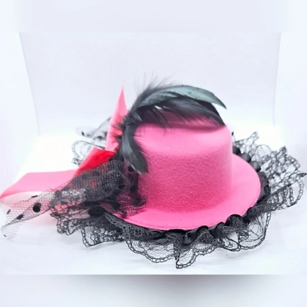Pink Mini Top Hat Fascinator Lace Feather Derby Tea Party Costume